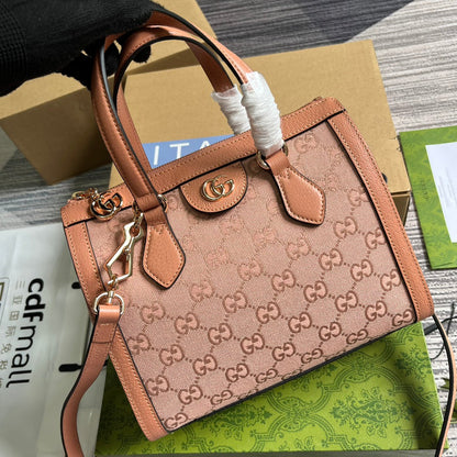 Petit sac cabas GG OPHIDIA 24 en toile rose poudré et cuir de veau