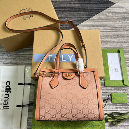 Petit sac cabas GG OPHIDIA 24 en toile rose poudré et cuir de veau