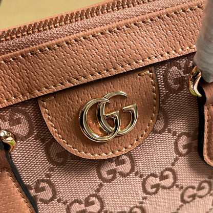 Petit sac cabas GG OPHIDIA 24 en toile rose poudré et cuir de veau