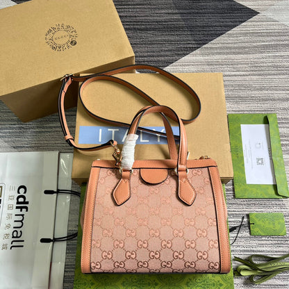 Petit sac cabas GG OPHIDIA 24 en toile rose poudré et cuir de veau