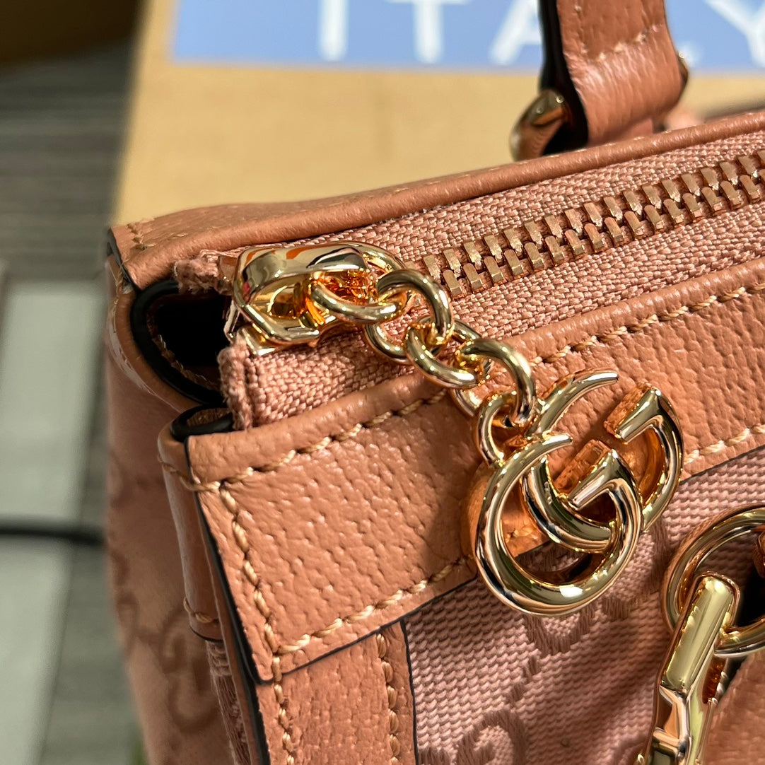 Petit sac cabas GG OPHIDIA 24 en toile rose poudré et cuir de veau
