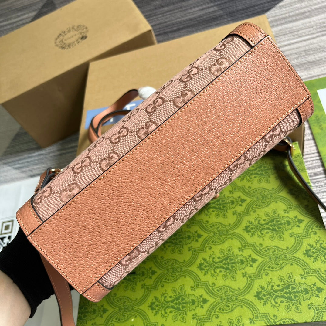 Petit sac cabas GG OPHIDIA 24 en toile rose poudré et cuir de veau