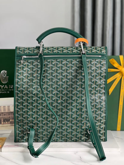 SAC À DOS SAINT LÉGER 35 EN TOILE GOYARDINE VERTE ET CUIR DE VEAU AVEC PATCH CARTOON