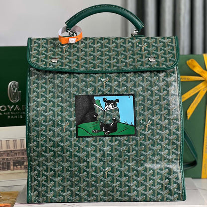SAC À DOS SAINT LÉGER 35 EN TOILE GOYARDINE VERTE ET CUIR DE VEAU AVEC PATCH CARTOON