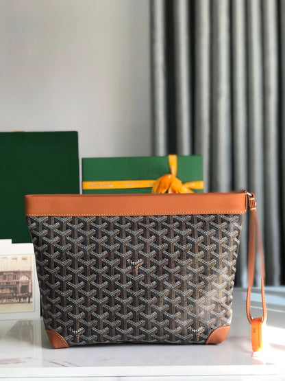 POCHETTE CONTI 24 EN CUIR D'AGNEAU BRUN ET TOILE GOYARDINE NOIRE