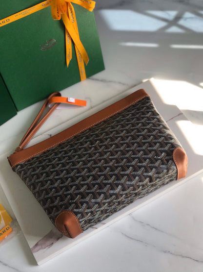 POCHETTE CONTI 24 EN CUIR D'AGNEAU BRUN ET TOILE GOYARDINE NOIRE