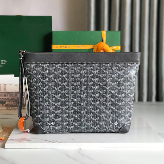POCHETTE CONTI 24 EN CUIR D'AGNEAU GRIS NOIR ET TOILE GOYARDINE