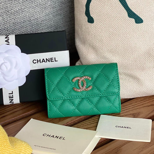 petit portefeuille CC 11 cm vert foncé caviar matériel doré clair