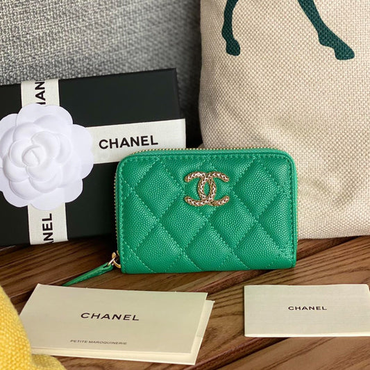 Portefeuille zippé CC 11 cm vert caviar matériel doré