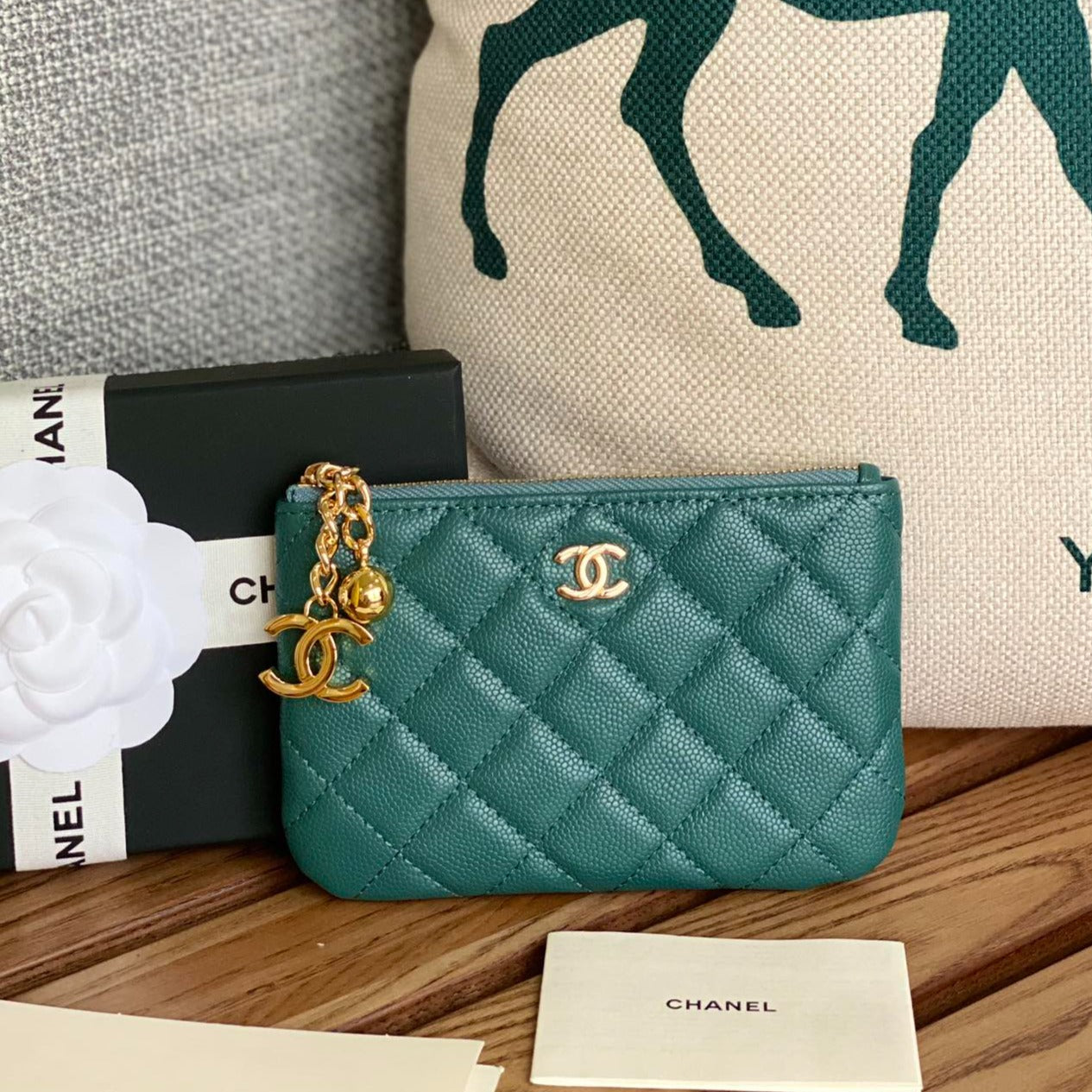 cc ジップウォレット 14cm ダークグリーン キャビアゴールド金具