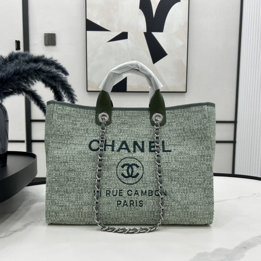 Sac CC Deauville en tweed, cuir vert, accessoires argentés, 7