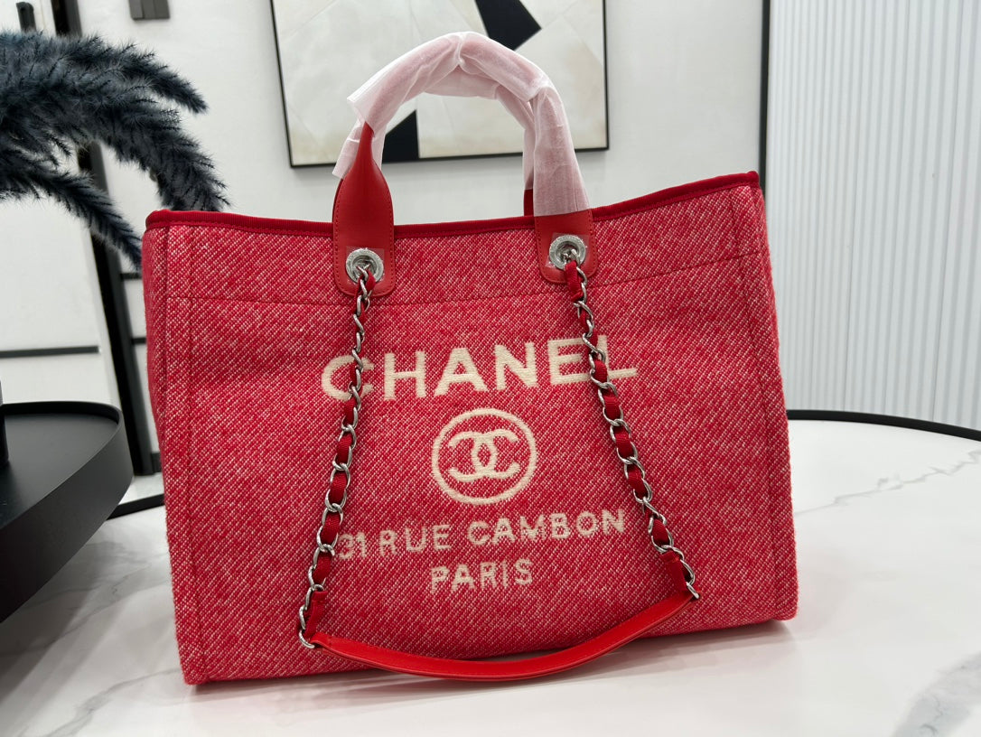 CC ドーヴィル ツイードバッグ レッドレザー シルバー金具 11