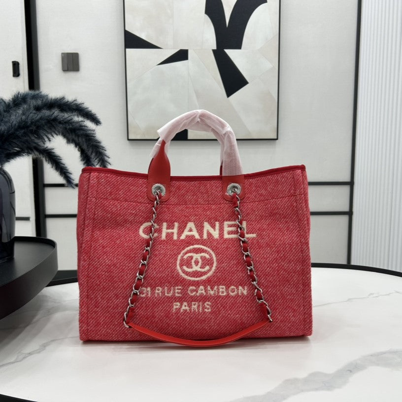 CC ドーヴィル ツイードバッグ レッドレザー シルバー金具 11