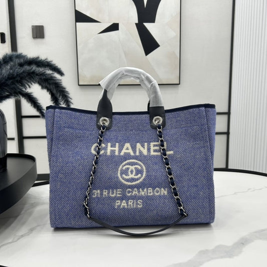 Sac CC Deauville en tweed, cuir noir, accessoires argentés, taille 12