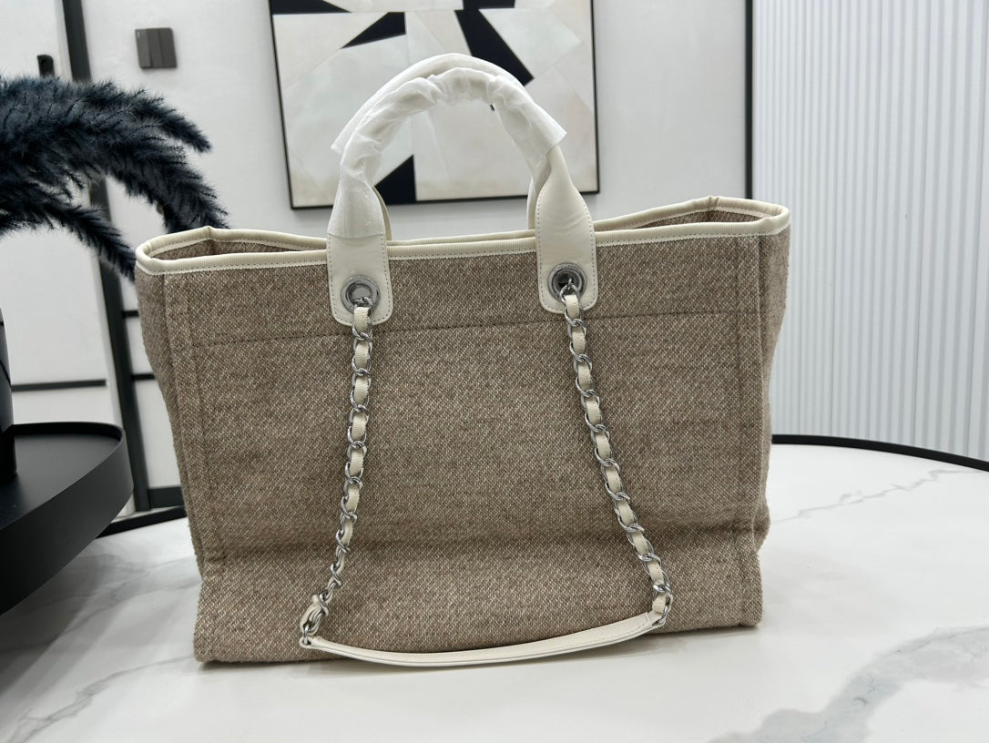 Sac CC Deauville Tweed Cuir Blanc Ferrures Argentées 13