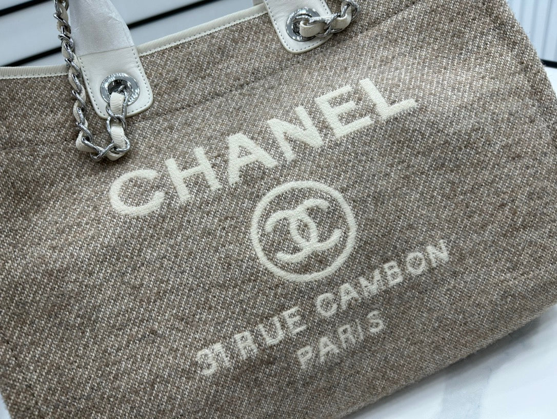Sac CC Deauville Tweed Cuir Blanc Ferrures Argentées 13