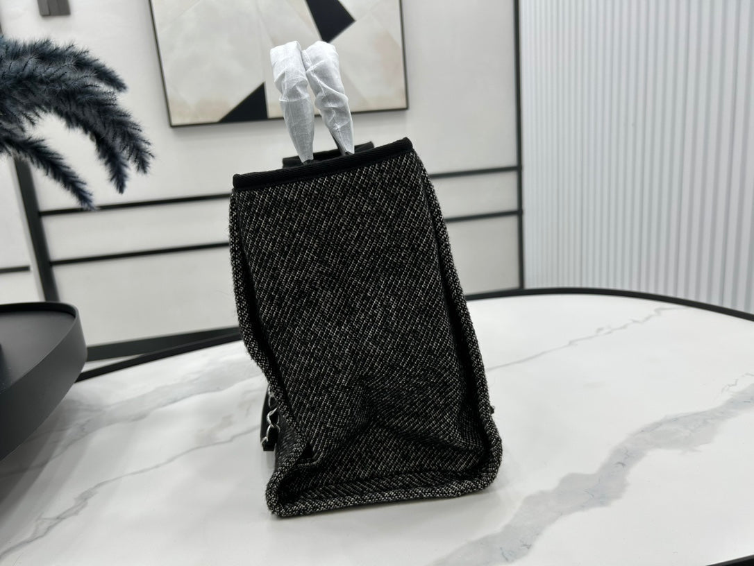CC ドーヴィル ツイードバッグ ブラックレザー シルバー金具 14