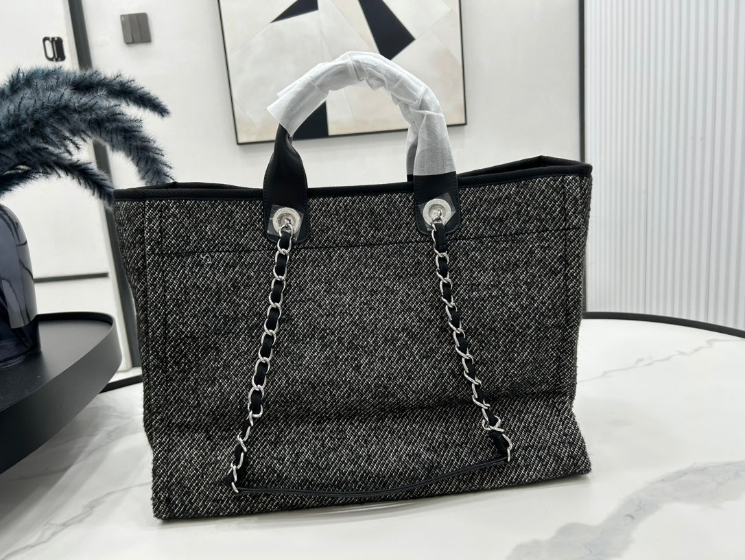CC ドーヴィル ツイードバッグ ブラックレザー シルバー金具 14