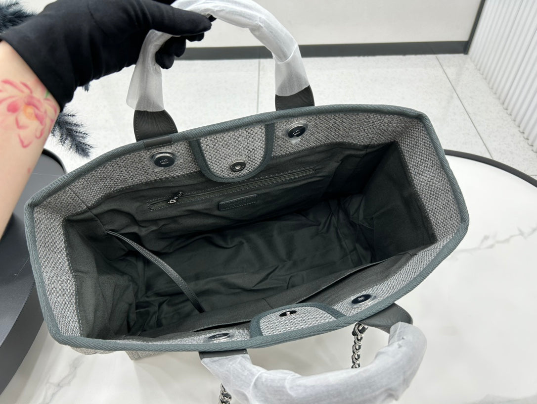 Sac CC Deauville en tweed, cuir vert foncé, accessoires dorés, 18