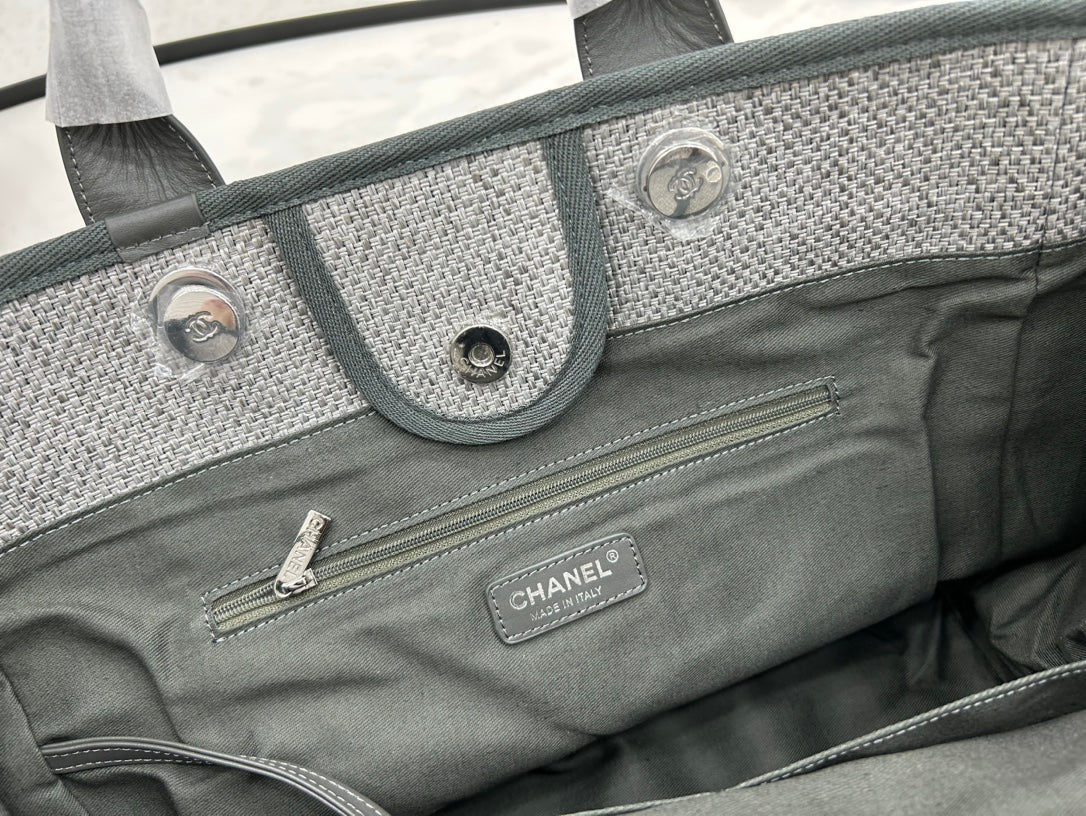 Sac CC Deauville en tweed, cuir vert foncé, accessoires dorés, 18