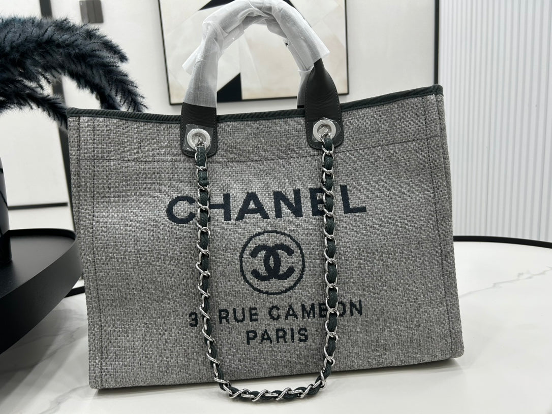 Sac CC Deauville en tweed, cuir vert foncé, accessoires dorés, 18