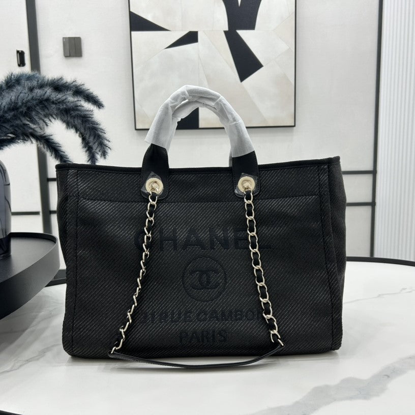 Sac CC Deauville en tweed, cuir noir, accessoires dorés, 24