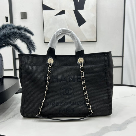 Sac CC Deauville en tweed, cuir noir, accessoires dorés, 24