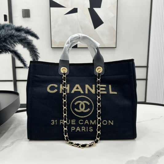 Sac CC Deauville en tweed, cuir noir, accessoires dorés, 21