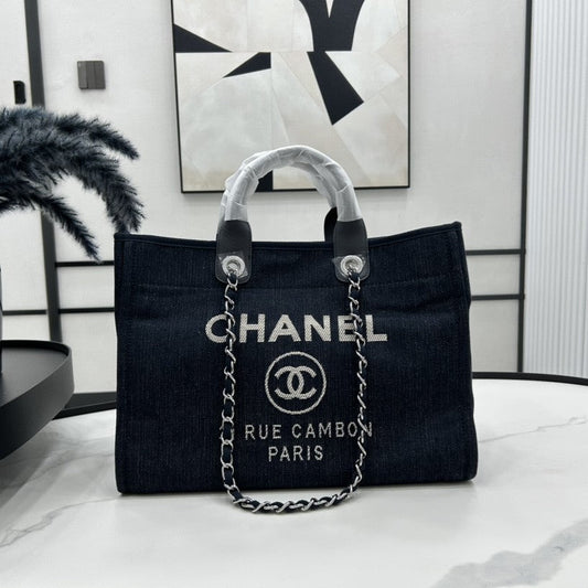 Sac CC Deauville en tweed, cuir noir, accessoires argentés, 22