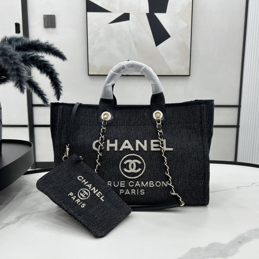 Sac CC Deauville en tweed, cuir noir, accessoires dorés, 25
