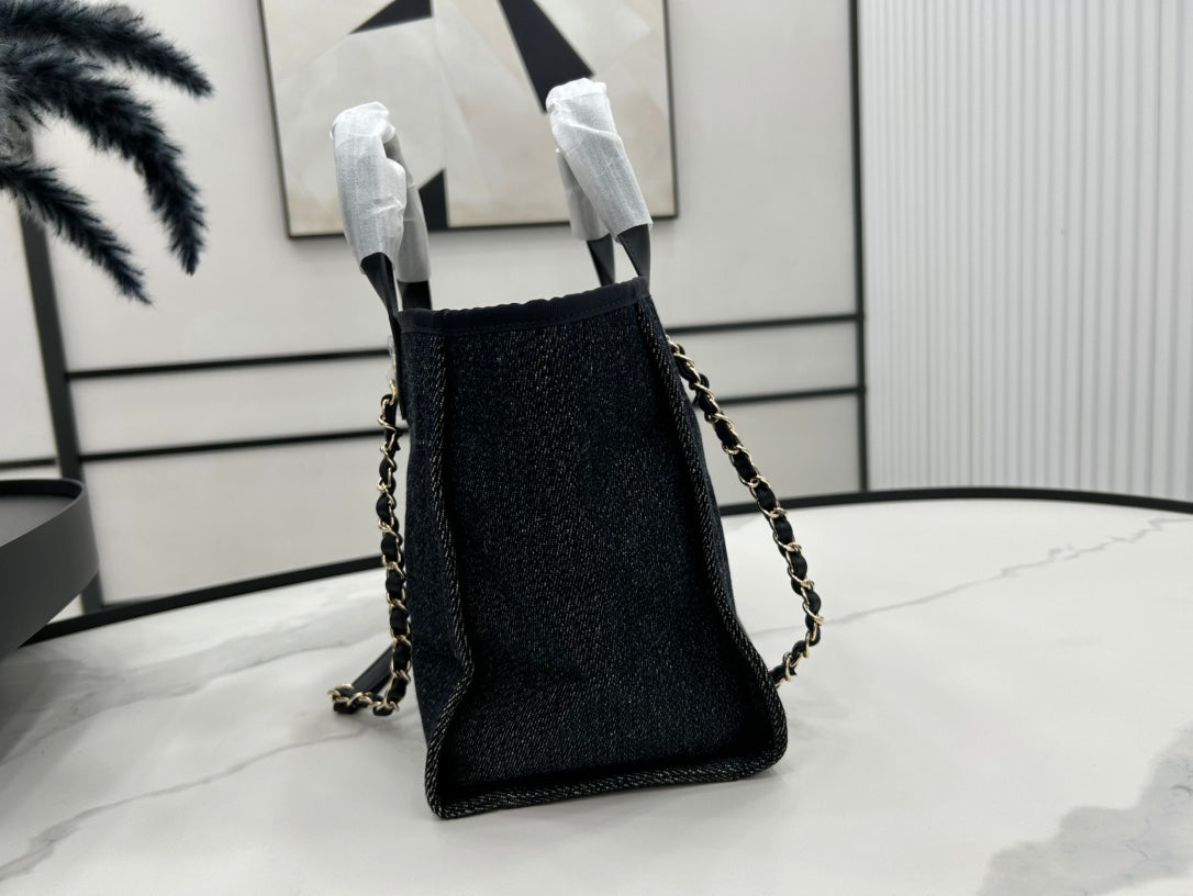 Sac CC Deauville Tweed 33x26x15,5cm Cuir Noir Ferrures Dorées 26