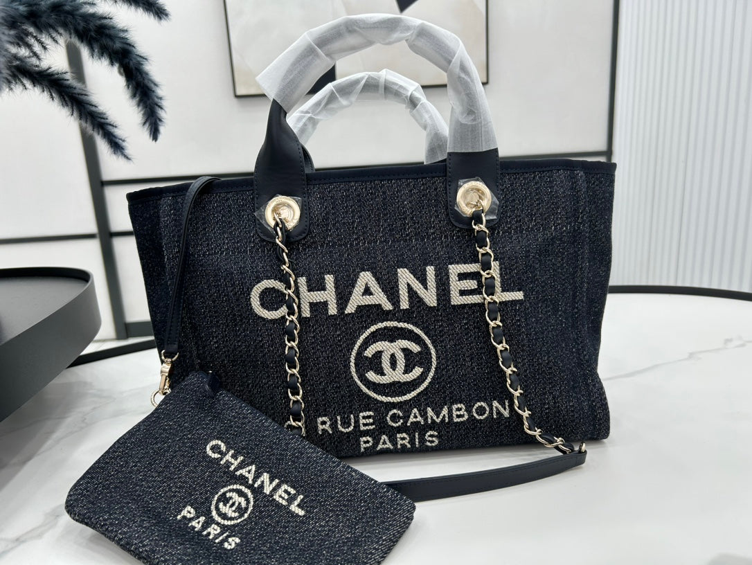 Sac CC Deauville Tweed 33x26x15,5cm Cuir Noir Ferrures Dorées 26