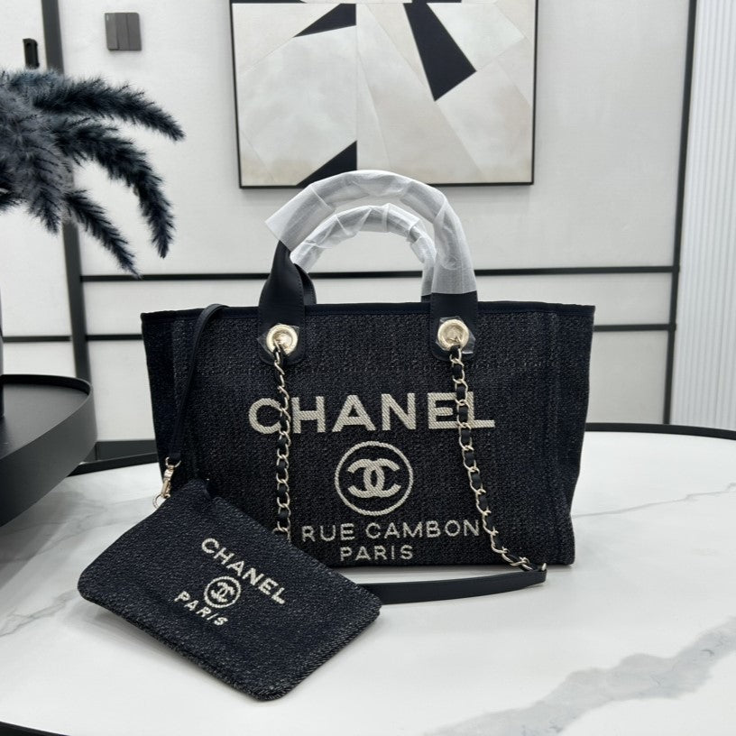 Sac CC Deauville Tweed 33x26x15,5cm Cuir Noir Ferrures Dorées 26