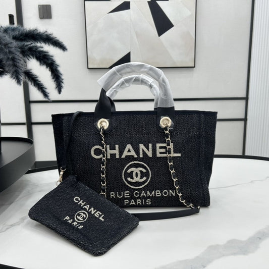 Sac CC Deauville Tweed 33x26x15,5cm Cuir Noir Ferrures Dorées 26