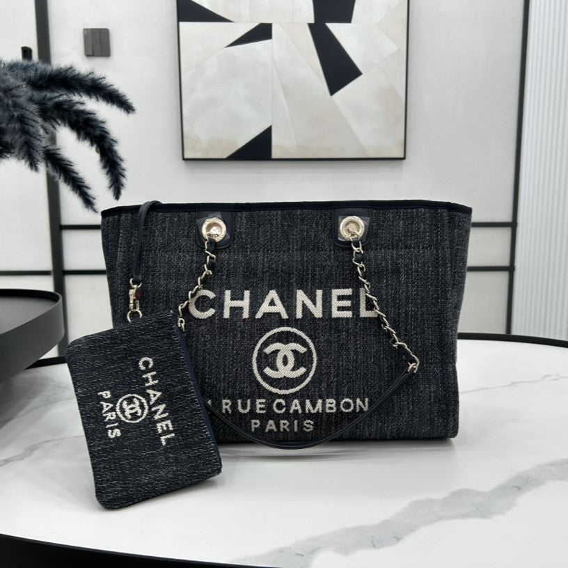 Sac CC Deauville en tweed 33 x 24 x 14,5 cm Cuir noir Ferrures dorées 27