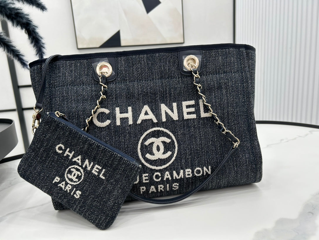 Sac CC Deauville en tweed 33 x 24 x 14,5 cm Cuir noir Ferrures dorées 27