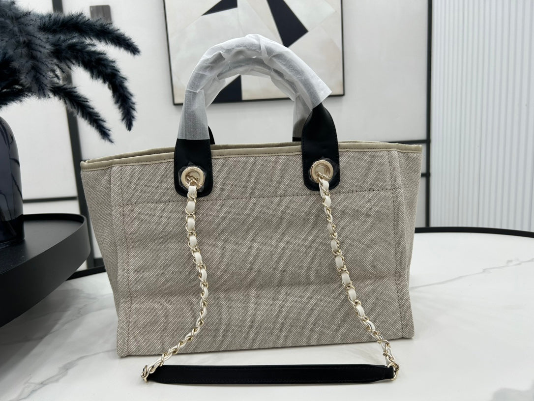 Sac CC Deauville Tweed 33x26x15,5cm Cuir Noir Ferrures Dorées 35