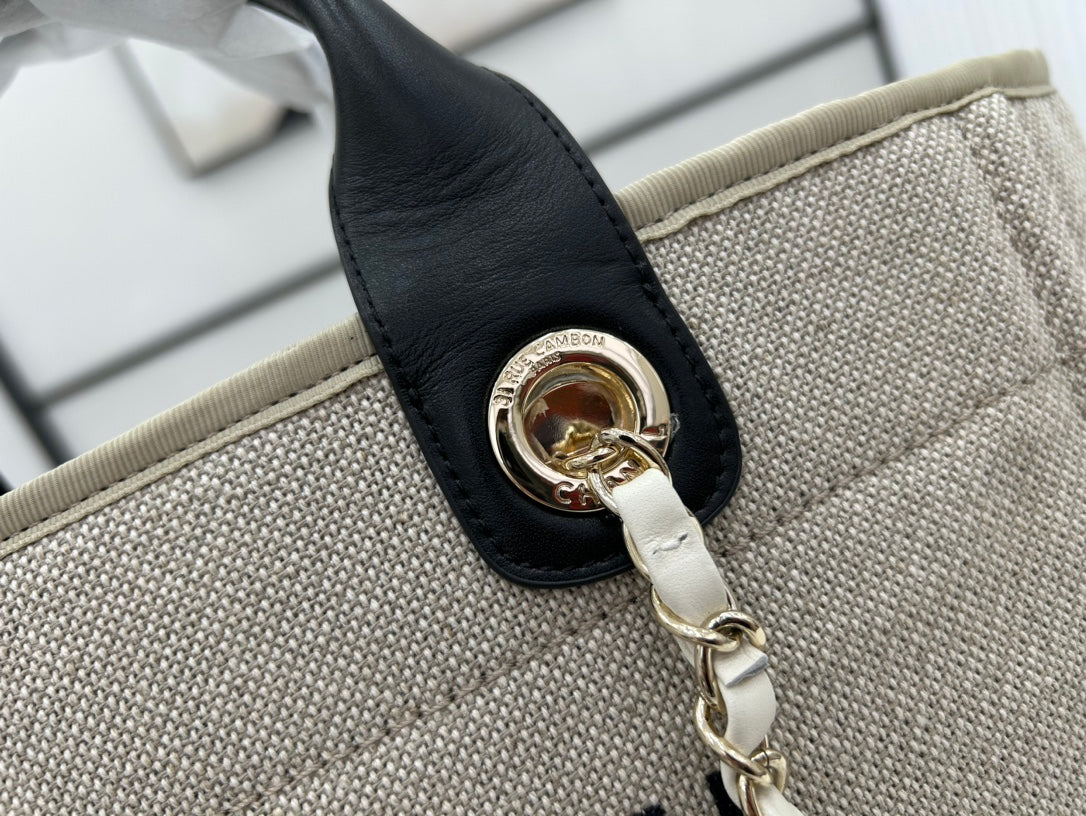 Sac CC Deauville Tweed 33x26x15,5cm Cuir Noir Ferrures Dorées 35
