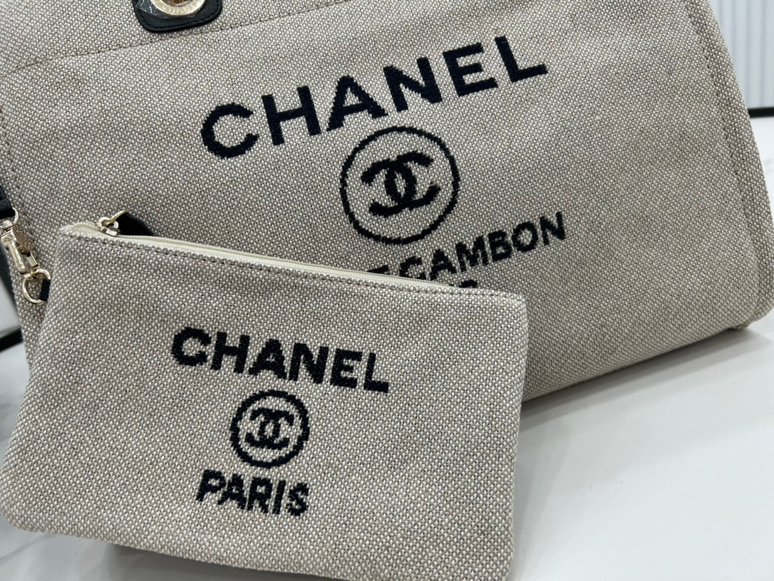 CC ドーヴィル ツイードバッグ 33x24x14.5cm ブラックレザー ゴールド金具 36