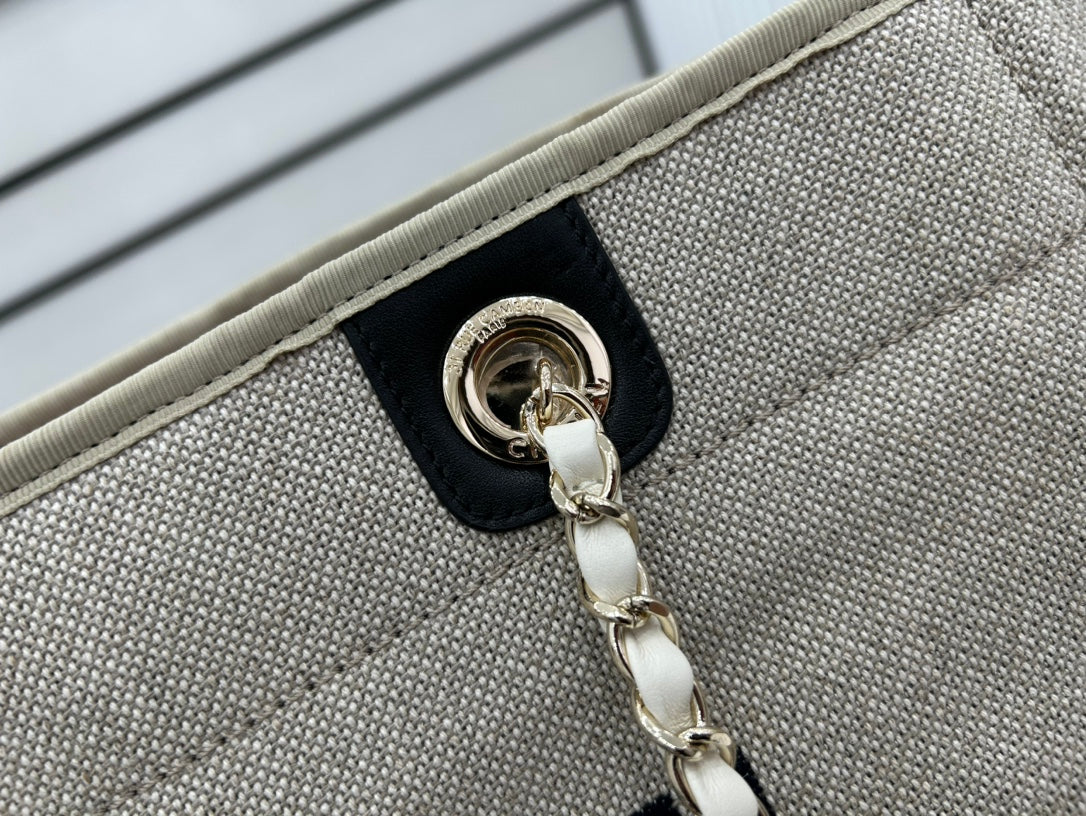 CC ドーヴィル ツイードバッグ 33x24x14.5cm ブラックレザー ゴールド金具 36