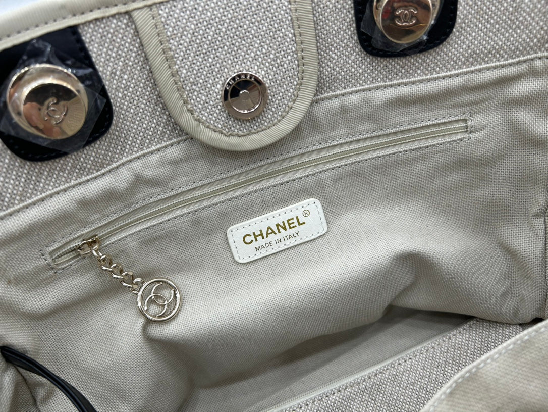 CC ドーヴィル ツイードバッグ 33x24x14.5cm ブラックレザー ゴールド金具 36