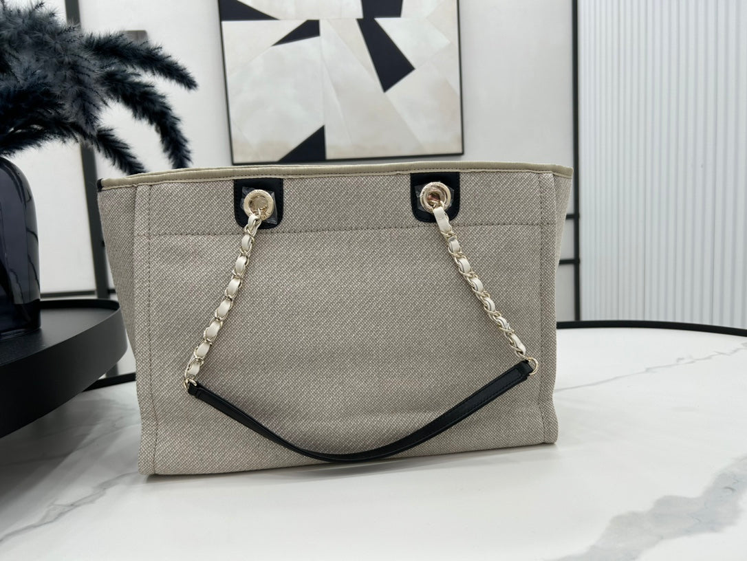 CC ドーヴィル ツイードバッグ 33x24x14.5cm ブラックレザー ゴールド金具 36