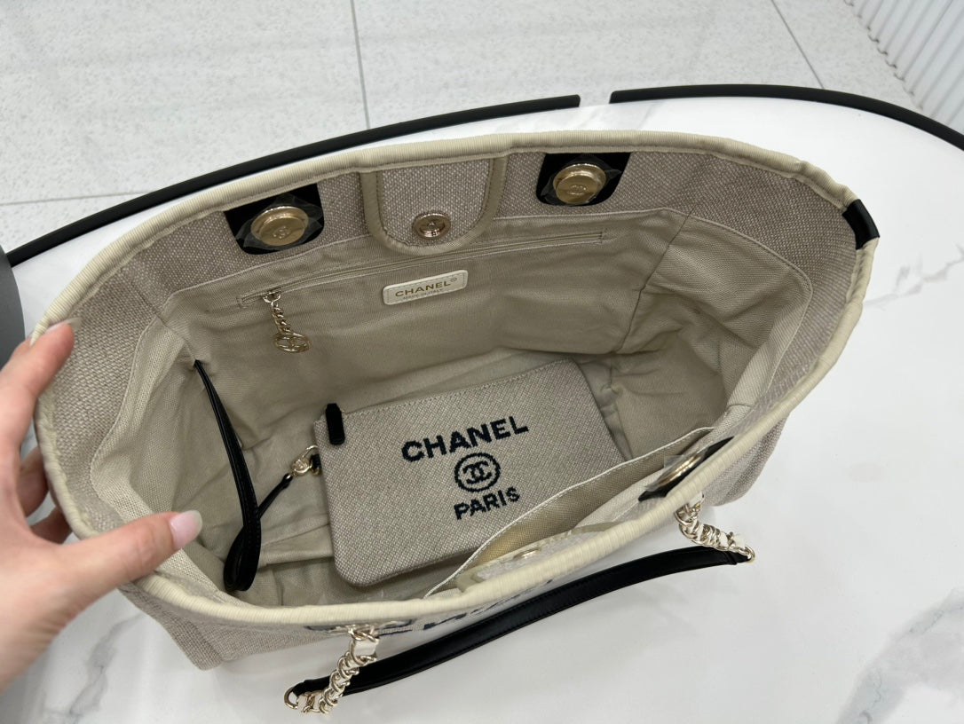CC ドーヴィル ツイードバッグ 33x24x14.5cm ブラックレザー ゴールド金具 36