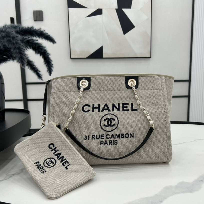 CC ドーヴィル ツイードバッグ 33x24x14.5cm ブラックレザー ゴールド金具 36