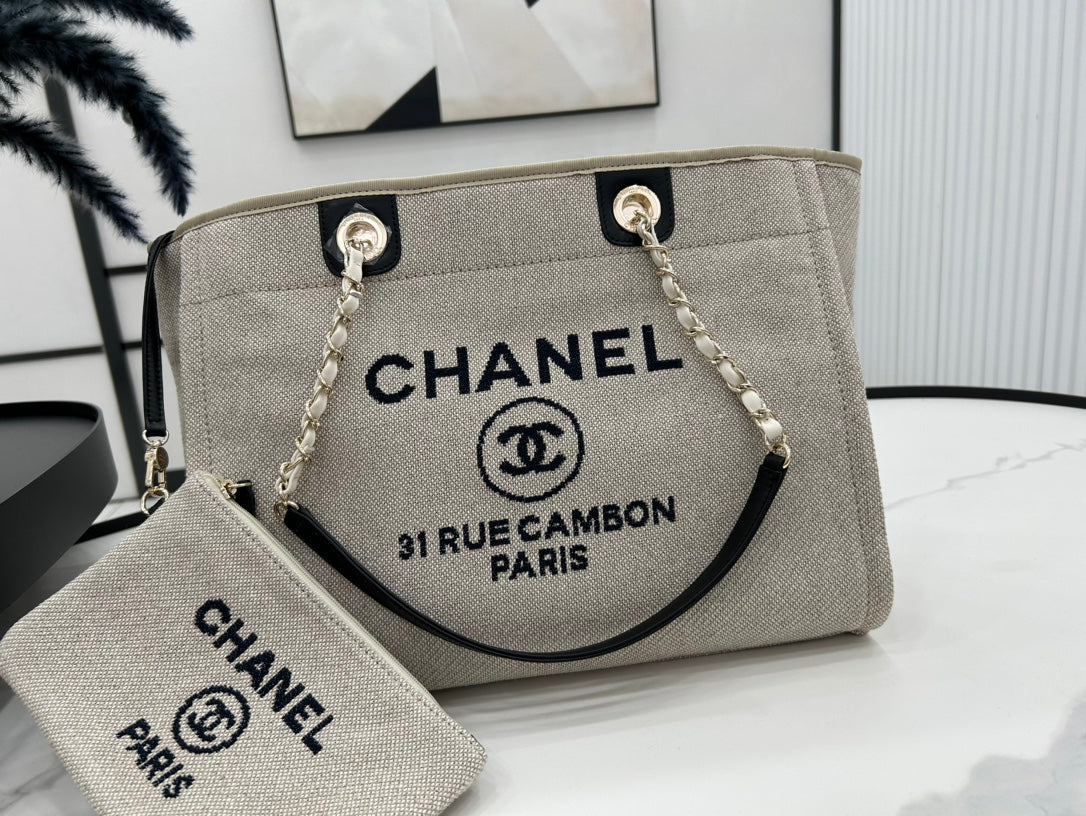 CC ドーヴィル ツイードバッグ 33x24x14.5cm ブラックレザー ゴールド金具 36