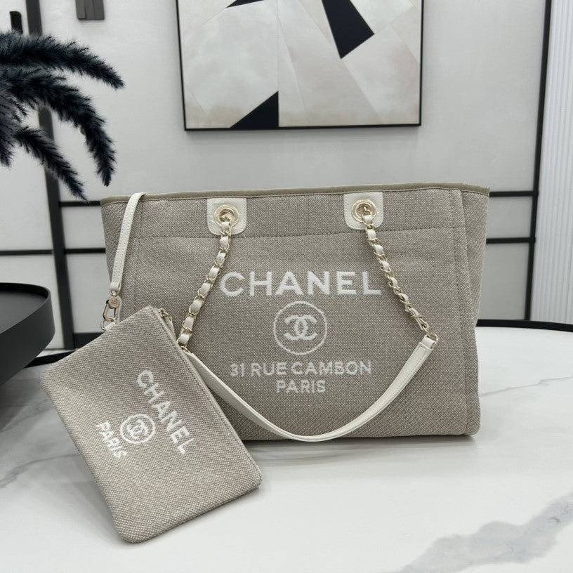 Sac CC Deauville Tweed 33x24x14,5cm Cuir Blanc Ferrures Dorées 30
