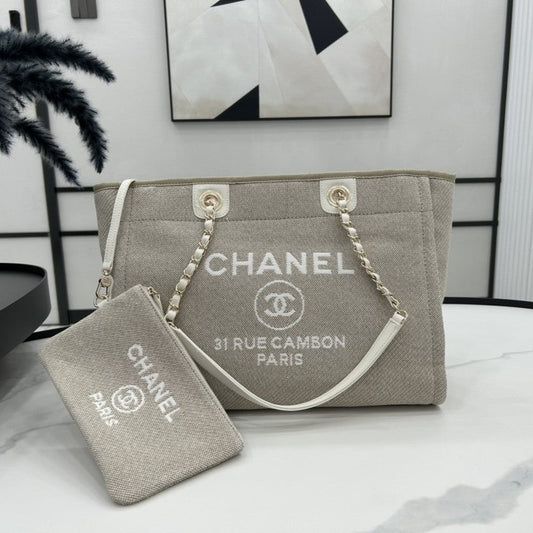Sac CC Deauville Tweed 33x24x14,5cm Cuir Blanc Ferrures Dorées 30
