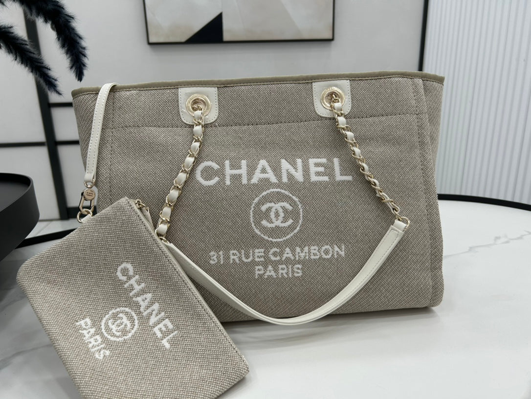 Sac CC Deauville Tweed 33x24x14,5cm Cuir Blanc Ferrures Dorées 30