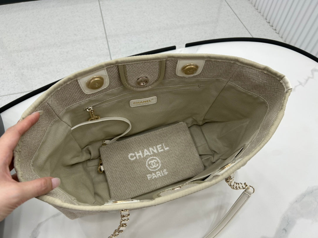 Sac CC Deauville Tweed 33x24x14,5cm Cuir Blanc Ferrures Dorées 30