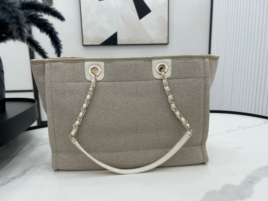 Sac CC Deauville Tweed 33x24x14,5cm Cuir Blanc Ferrures Dorées 30